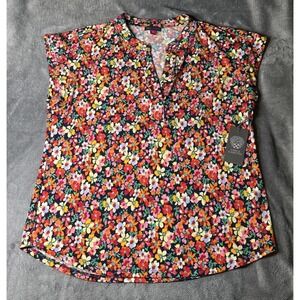 Vince Camuto Blouse Womens Medium Navy Floral Confetti Ready Cap Sleeve Top
